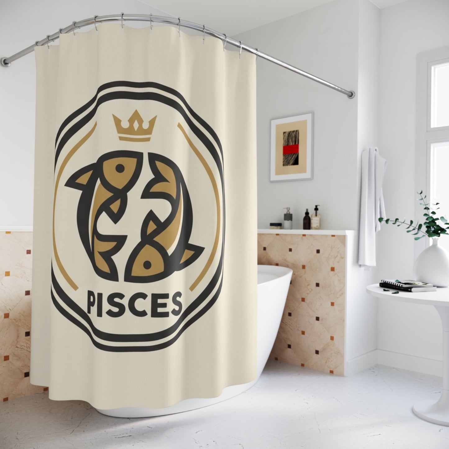 Pisces Zodiac Shower Curtain — Gold Crown Astrological Bathroom Decor