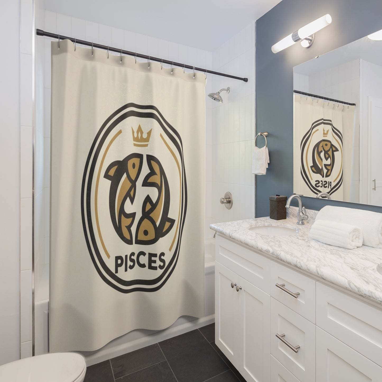 Pisces Zodiac Shower Curtain — Gold Crown Astrological Bathroom Decor
