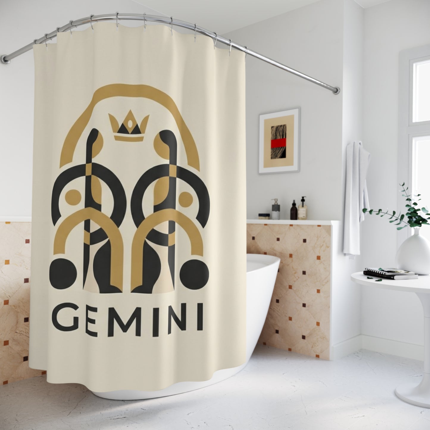 Gemini Zodiac Shower Curtain — Gold & Black Astrological Bathroom Decor