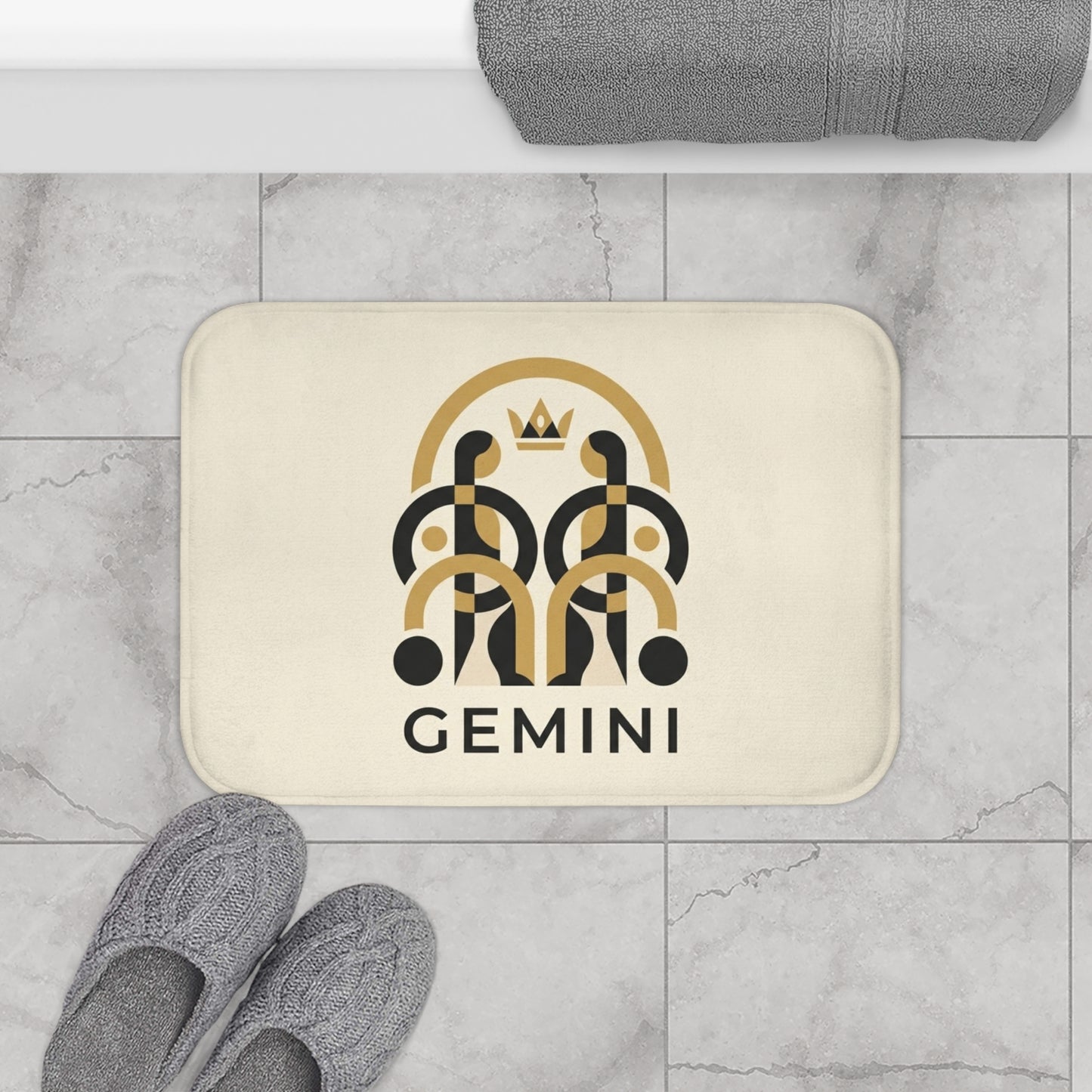 Gemini Zodiac Bath Mat — Elegant Gold & Black Astrological Bathroom Rug