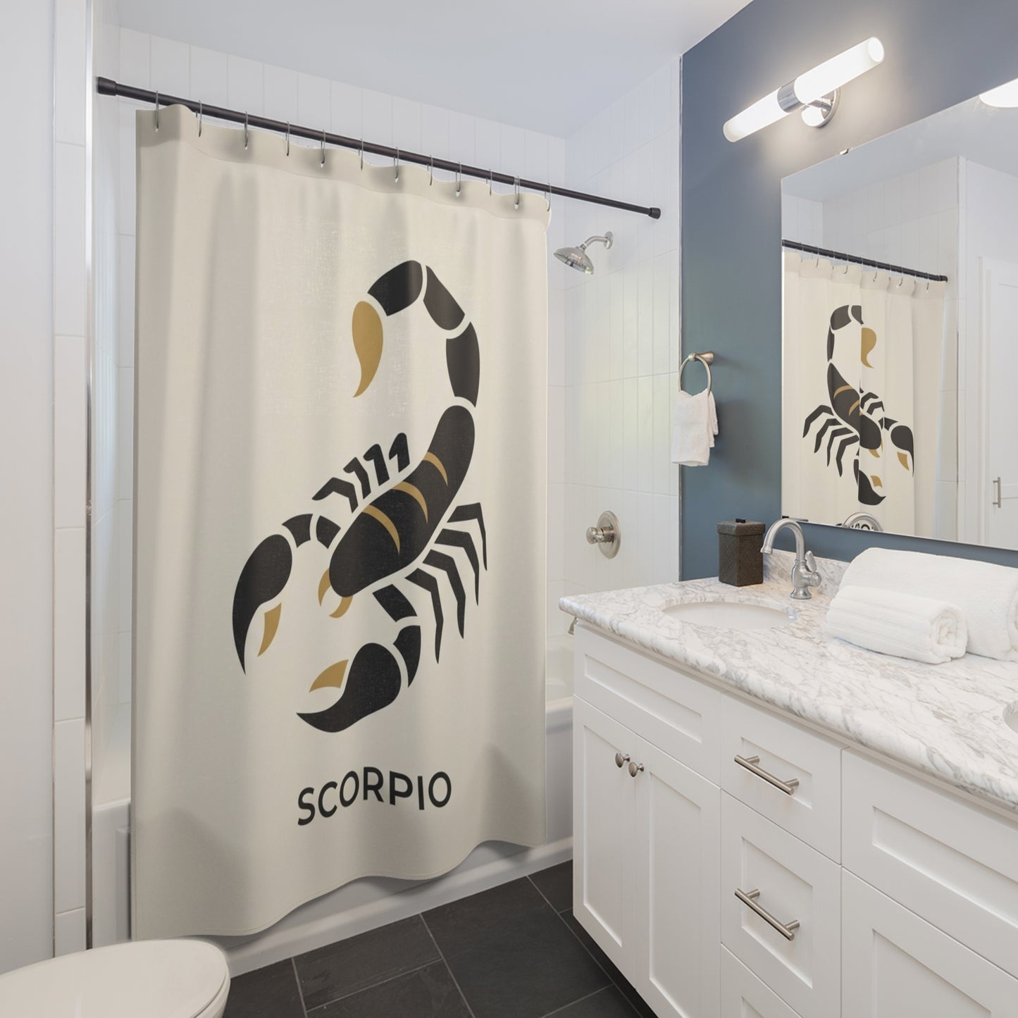 Scorpio Zodiac Shower Curtain — Black & Gold Astrological Bathroom Decor