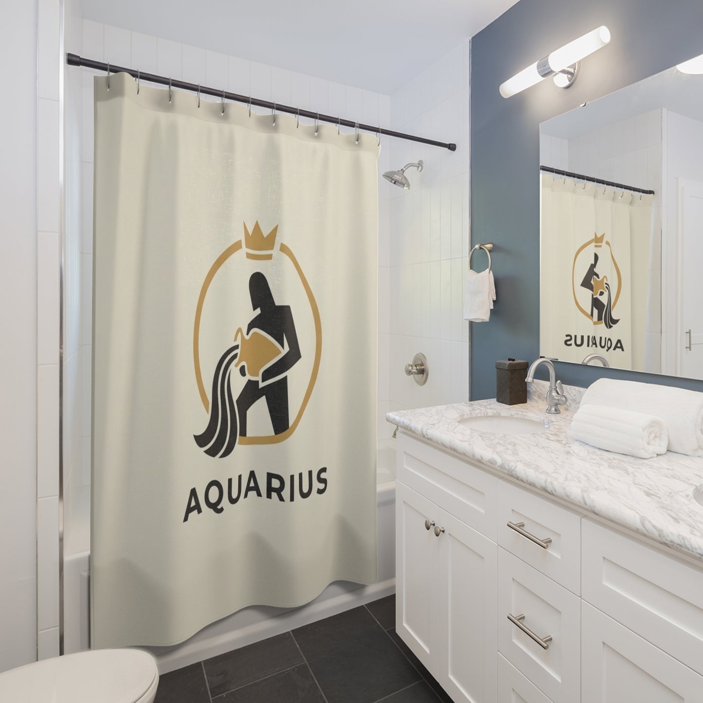 Aquarius Zodiac Shower Curtain — Minimalist Astrological Bathroom Décor