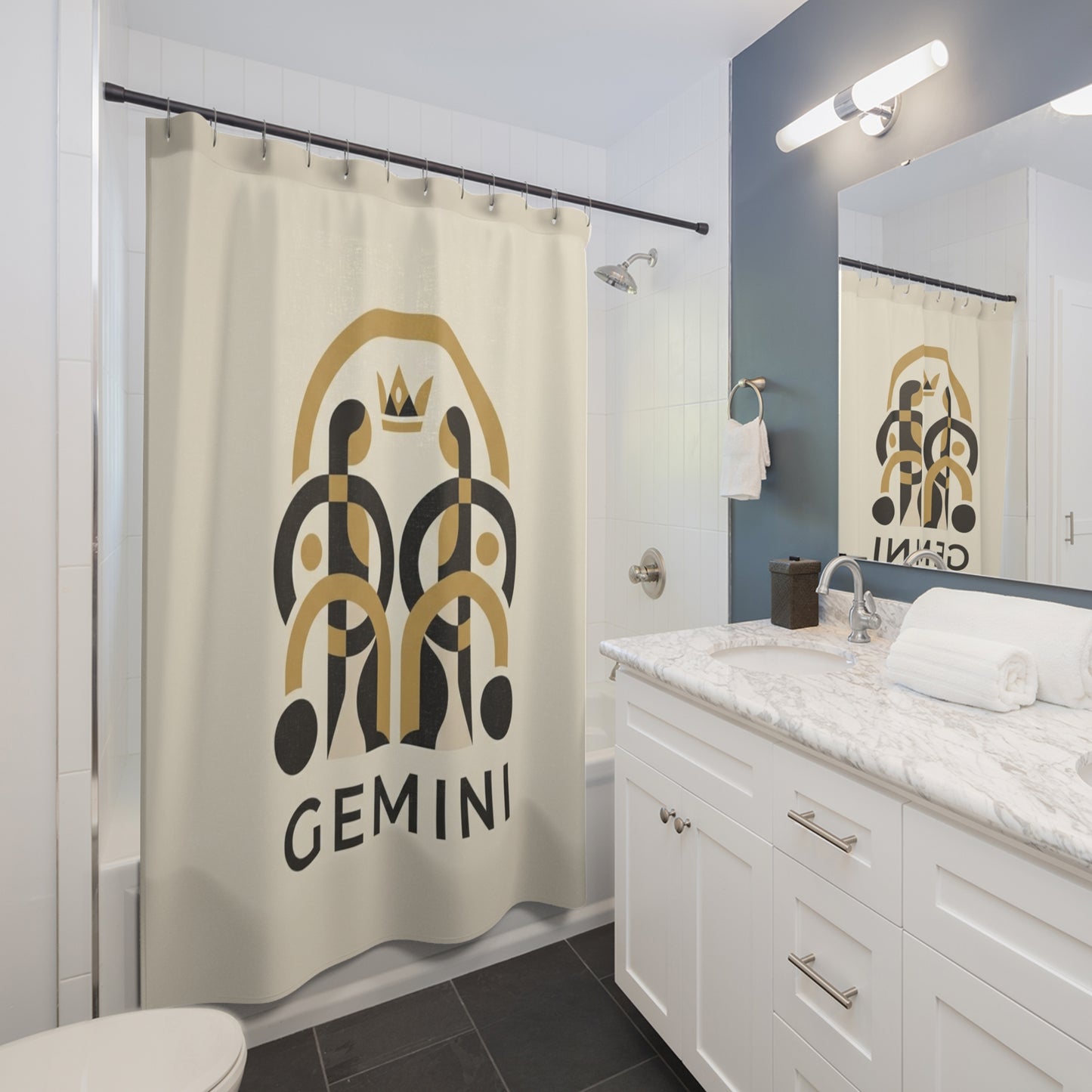 Gemini Zodiac Shower Curtain — Gold & Black Astrological Bathroom Decor