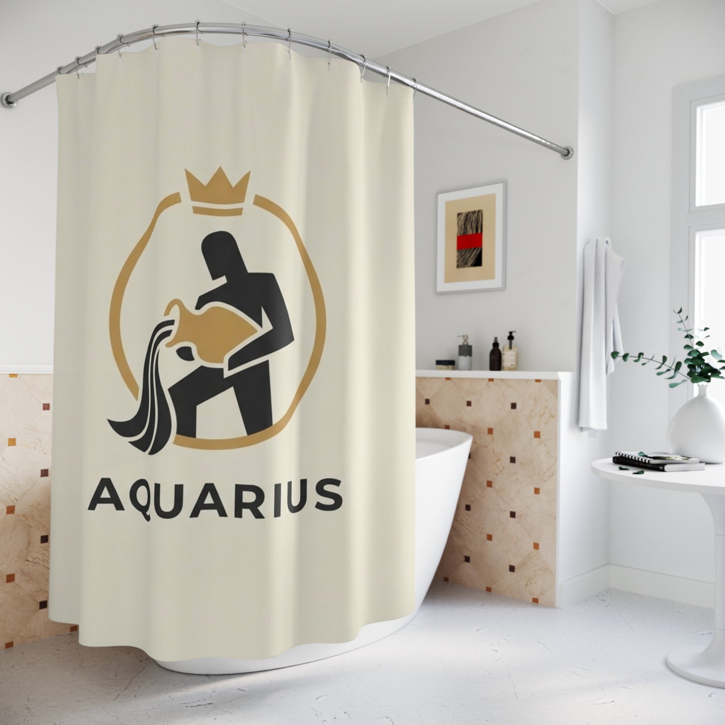 Aquarius Zodiac Shower Curtain — Minimalist Astrological Bathroom Décor
