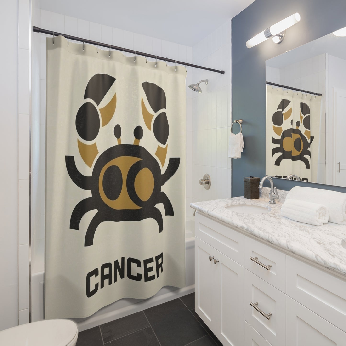 Cancer Zodiac Shower Curtain — Modern Crab Astrology Bathroom Decor
