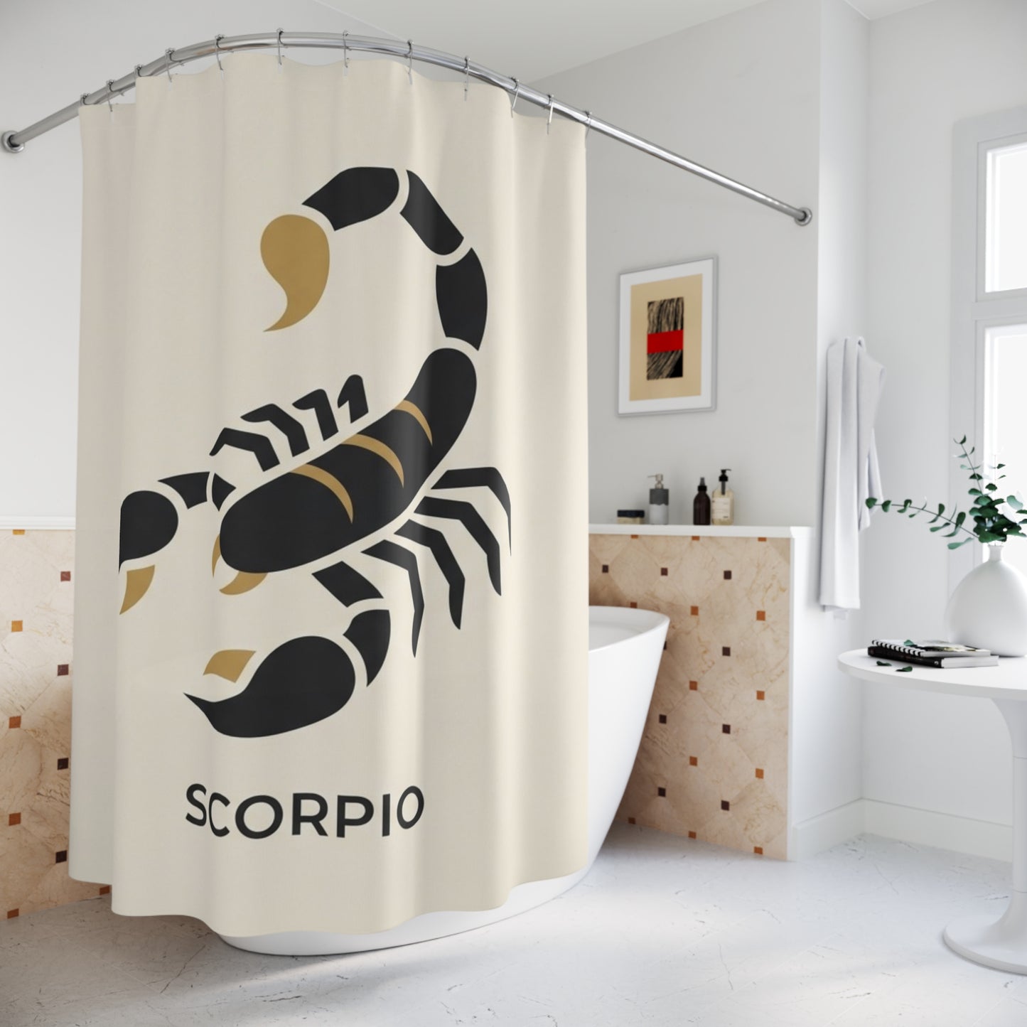 Scorpio Zodiac Shower Curtain — Black & Gold Astrological Bathroom Decor